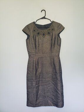 Tahari Arthur Levine Womens 8 Sheath Dress Green Beads Cut Outs Cocktail Party